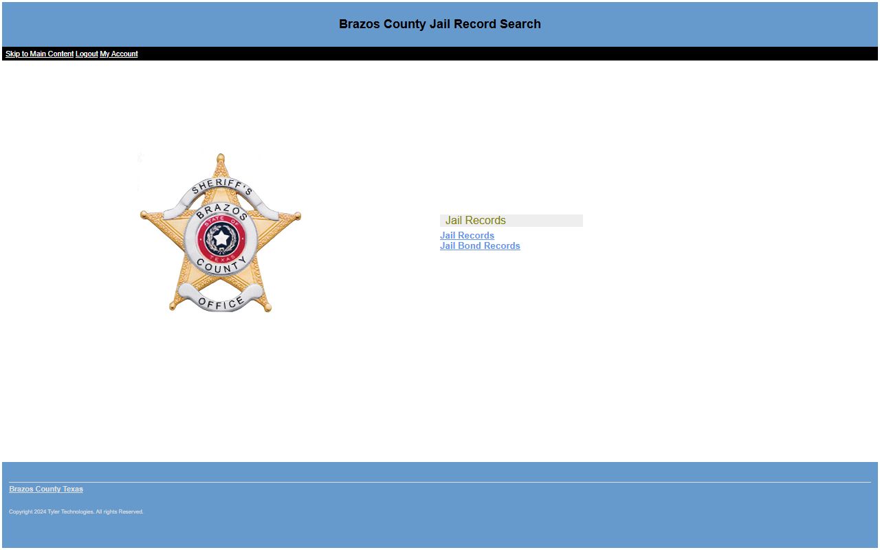 Tyler Odyssey Jail Records search interface for Brazos County
