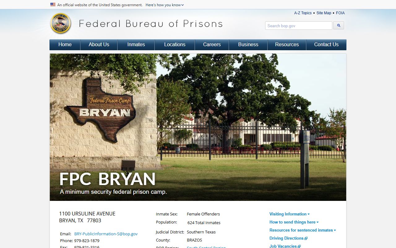 Official BOP facility page for FPC Bryan