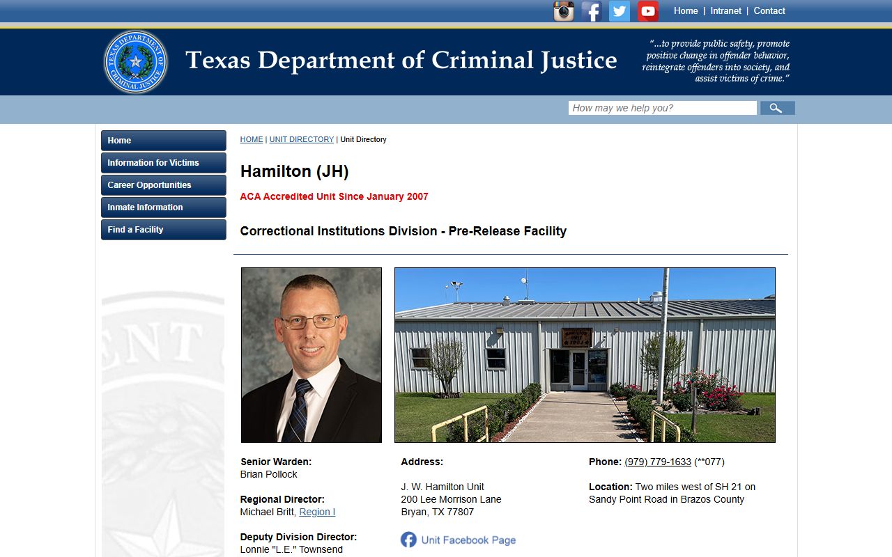 TDCJ Hamilton Unit facility page