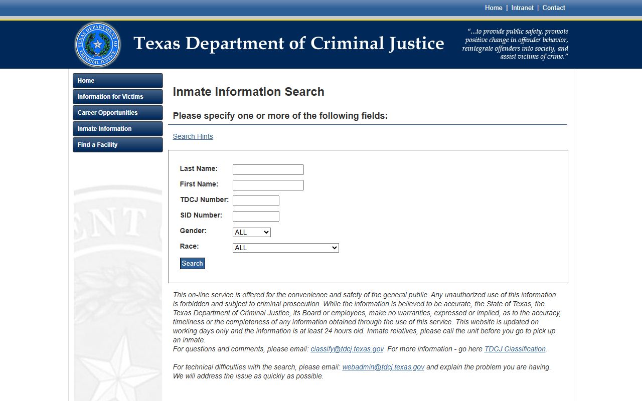 TDCJ statewide inmate locator search form