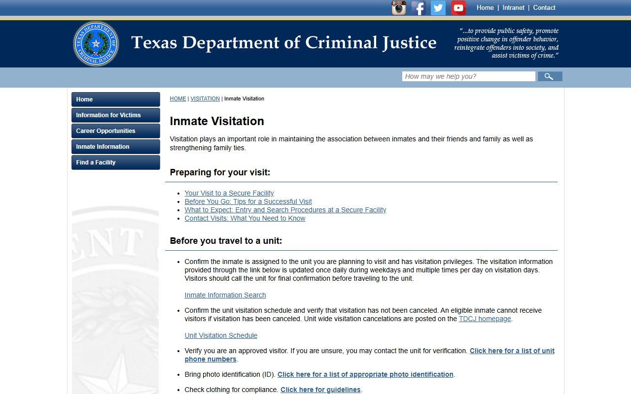 TDCJ visitation approval and scheduling information
